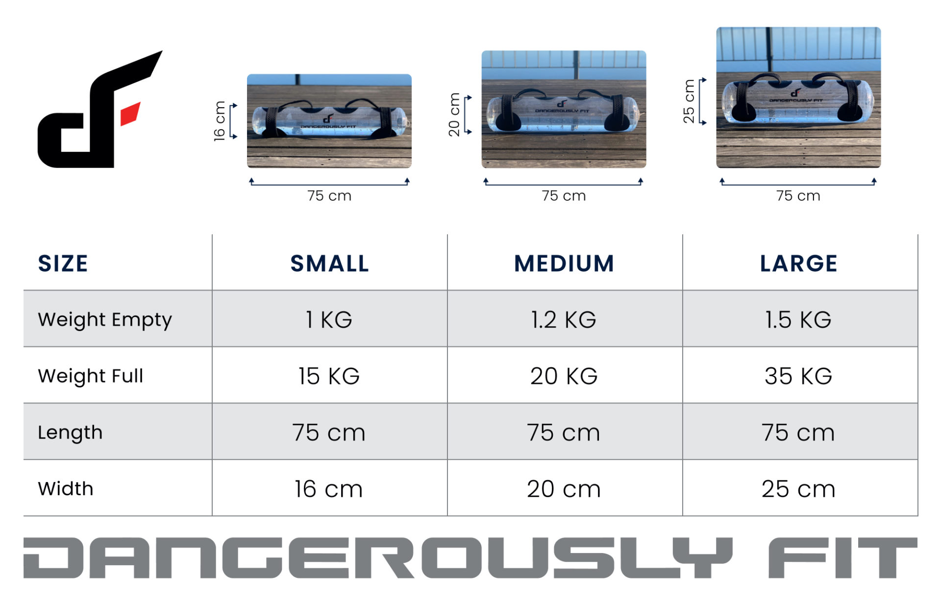 Dangerously Fit Aqua Power Bag Sizes